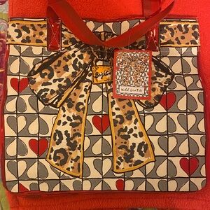 Brighton Leopard Bow Tote with Red and Cream Heart Grid